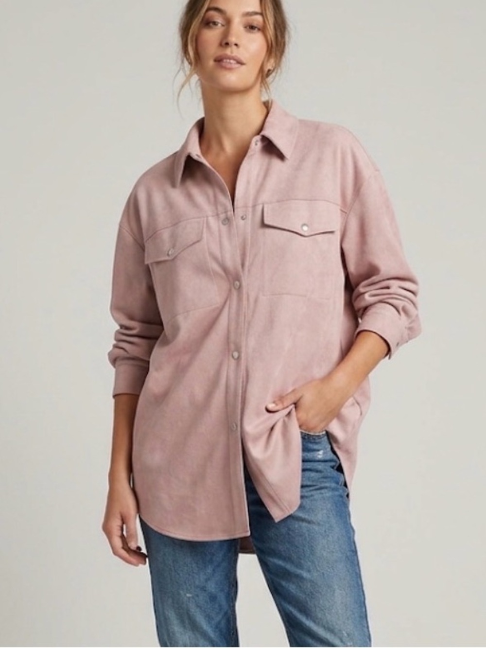 TRUTH By Republic Faux Leather Microsuede Button-Up Shirt Pink Western S…